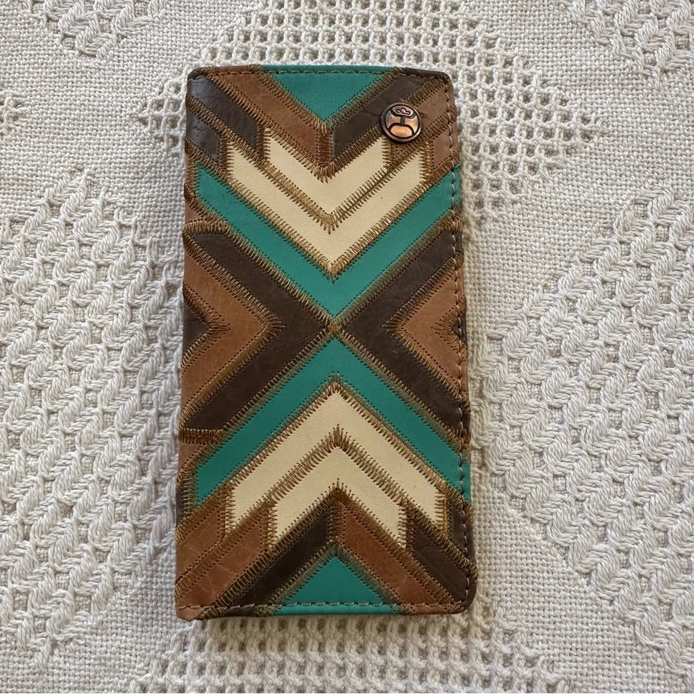 Hooey Montezuma Leather Patchwork Bifold Rodeo Wallet Western-Turquoise/Brown